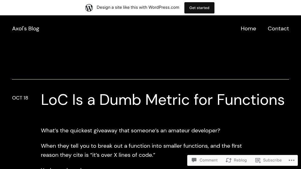 Screenshot of theaxolot.wordpress.com: LoC Is a Dumb Metric for Functions