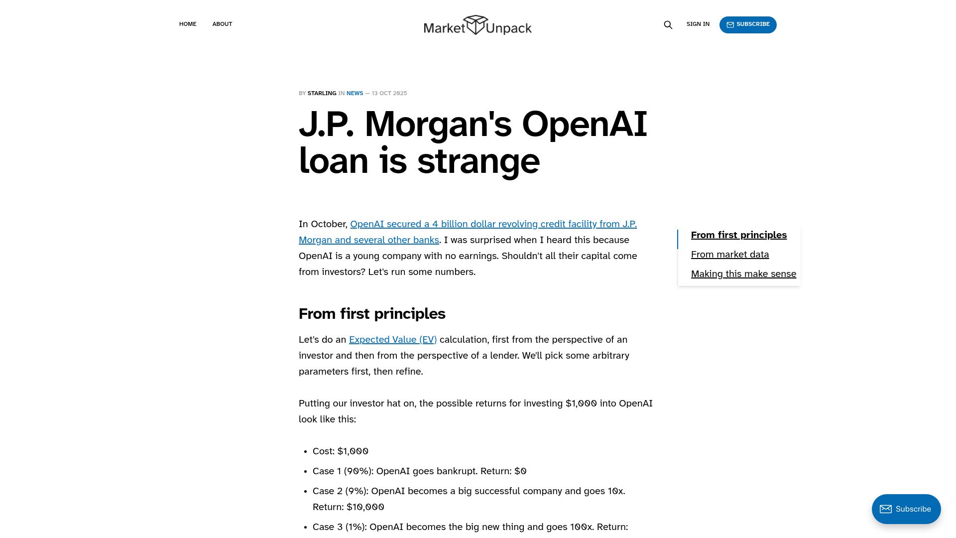 Screenshot of marketunpack.com: J.P. Morgan's OpenAI loan is strange