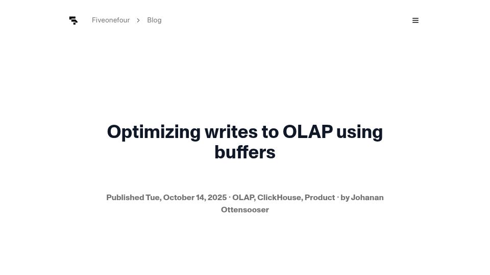 Screenshot of fiveonefour.com: Optimizing writes to OLAP using buffers (ClickHouse, Redpanda, MooseStack)