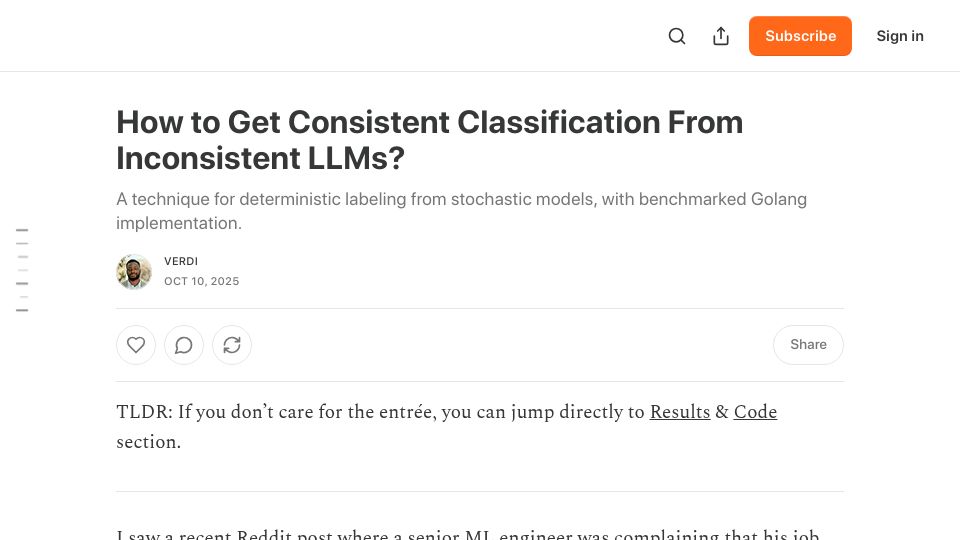 Screenshot of verdik.substack.com: My trick for getting consistent classification from LLMs