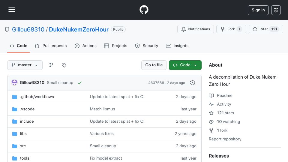 Screenshot of github.com: Duke Nukem: Zero Hour N64 ROM Reverse-Engineering Project Hits 100%