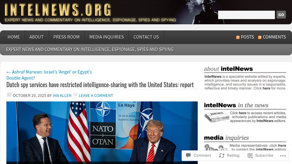 Screenshot of intelnews.org: Dutch spy services have restricted intelligence-sharing with the United States