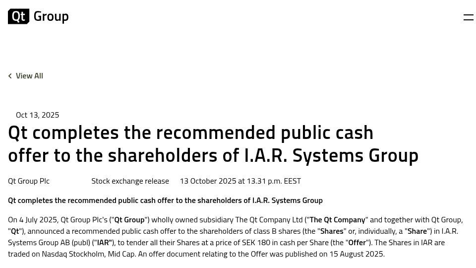 Screenshot of qt.io: Qt Group Buys IAR Systems Group