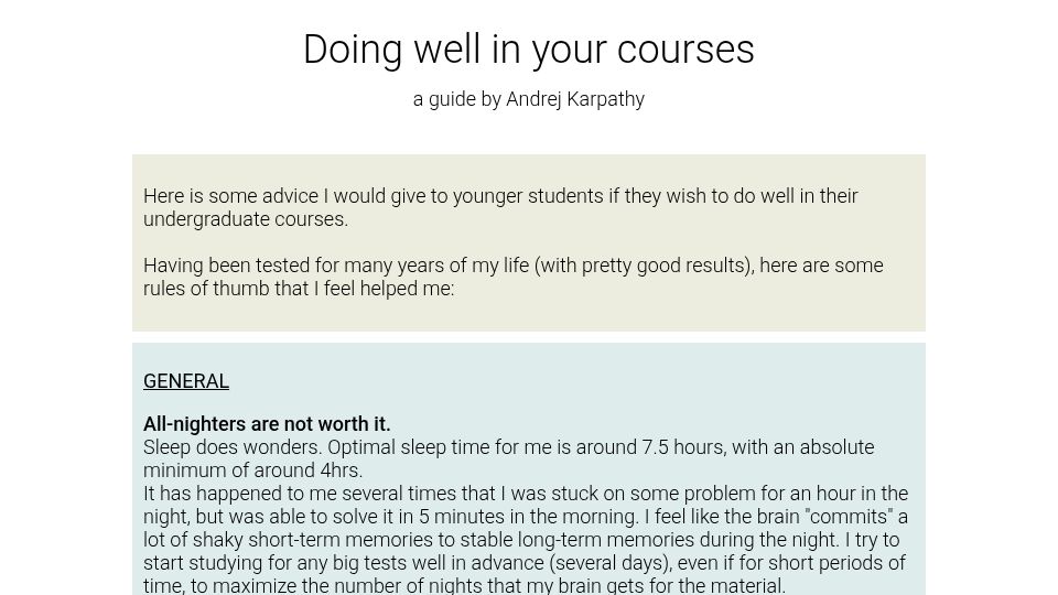 Screenshot of cs.stanford.edu: Doing well in your courses: Andrej's advice for success (2013)