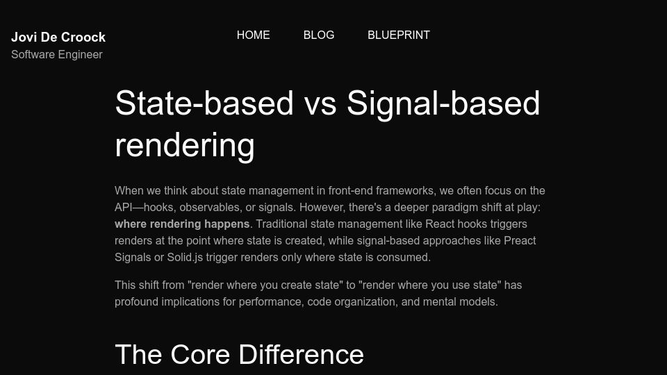 Screenshot of jovidecroock.com: State-based vs Signal-based rendering
