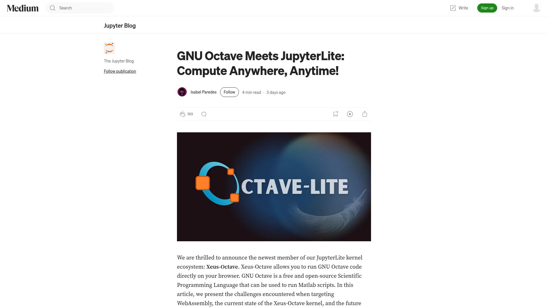 Screenshot of blog.jupyter.org: GNU Octave Meets JupyterLite: Compute Anywhere, Anytime