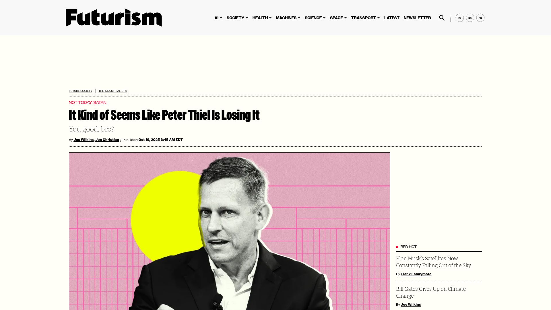 Screenshot of futurism.com: It Kind of Seems Like Peter Thiel Is Losing It