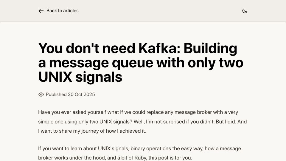 Screenshot of leandronsp.com: Building a message queue with only two UNIX signals