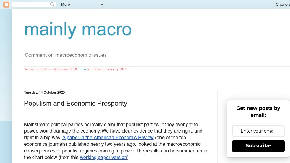 Screenshot of mainlymacro.blogspot.com: Populism and Economic Prosperity