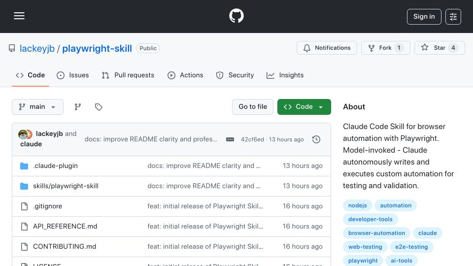 Screenshot of github.com: Show HN: Playwright Skill for Claude Code – Less context than playwright-MCP