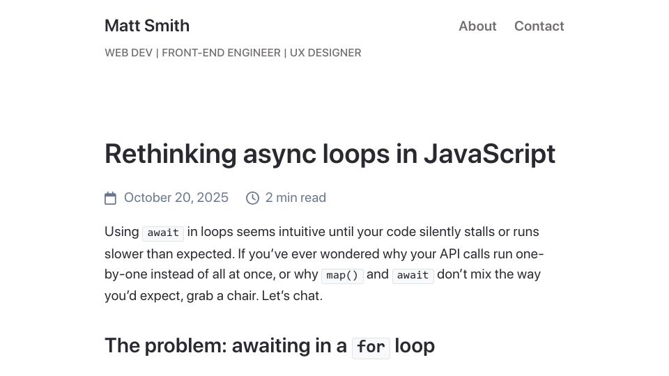Screenshot of allthingssmitty.com: Rethinking Async Loops in JavaScript