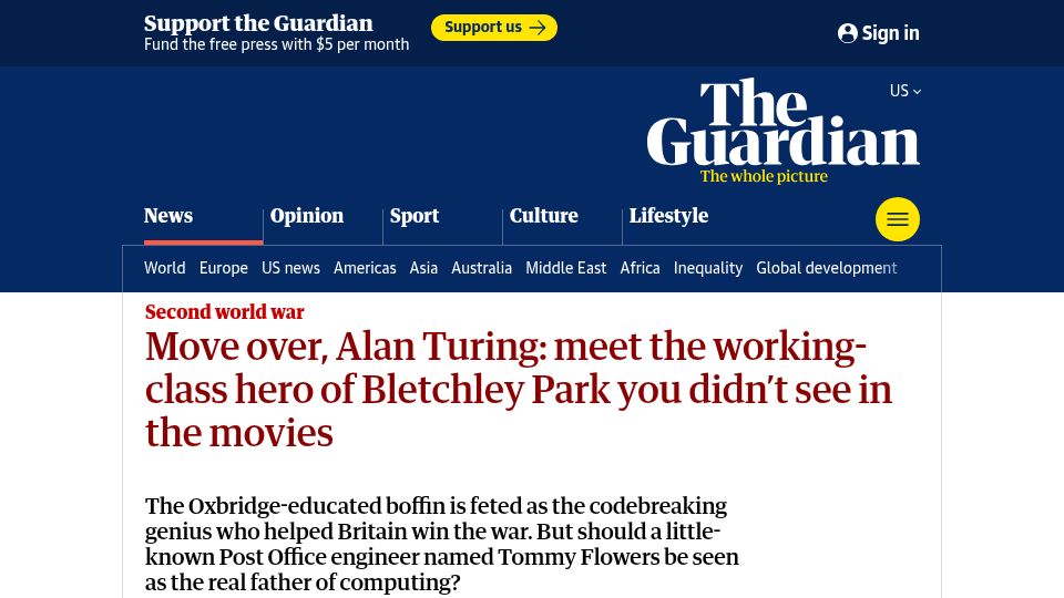 Screenshot of theguardian.com: The working-class hero of Bletchley Park you didn't see in the movies