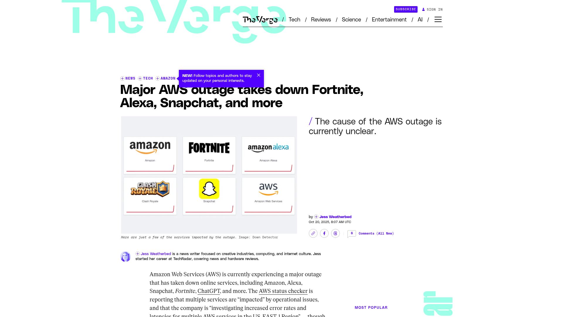 Screenshot of theverge.com: Major AWS outage takes down Fortnite, Alexa, Snapchat, and more