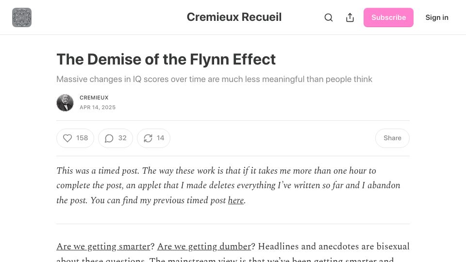 Screenshot of cremieux.xyz: The Demise of the Flynn Effect