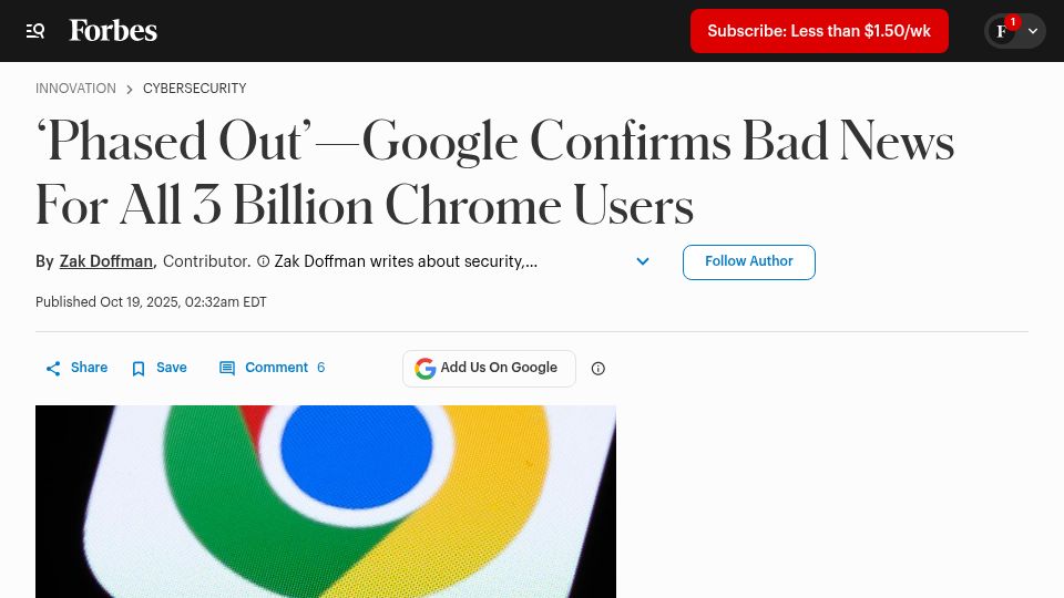 Screenshot of forbes.com: 'Phased Out'–Google Confirms Bad News for All 3B Chrome Users