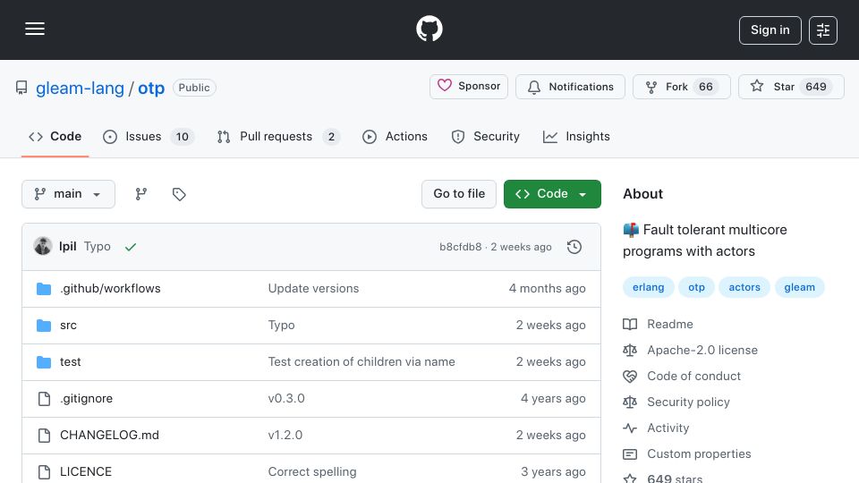 Screenshot of github.com: Gleam OTP – Fault Tolerant Multicore Programs with Actors