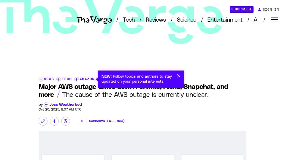 Screenshot of theverge.com: Major AWS outage takes down Fortnite, Alexa, Snapchat, and more