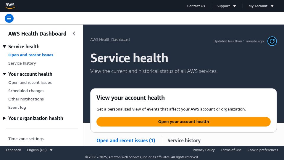 Screenshot of health.aws.amazon.com: AWS multiple services outage in us-east-1