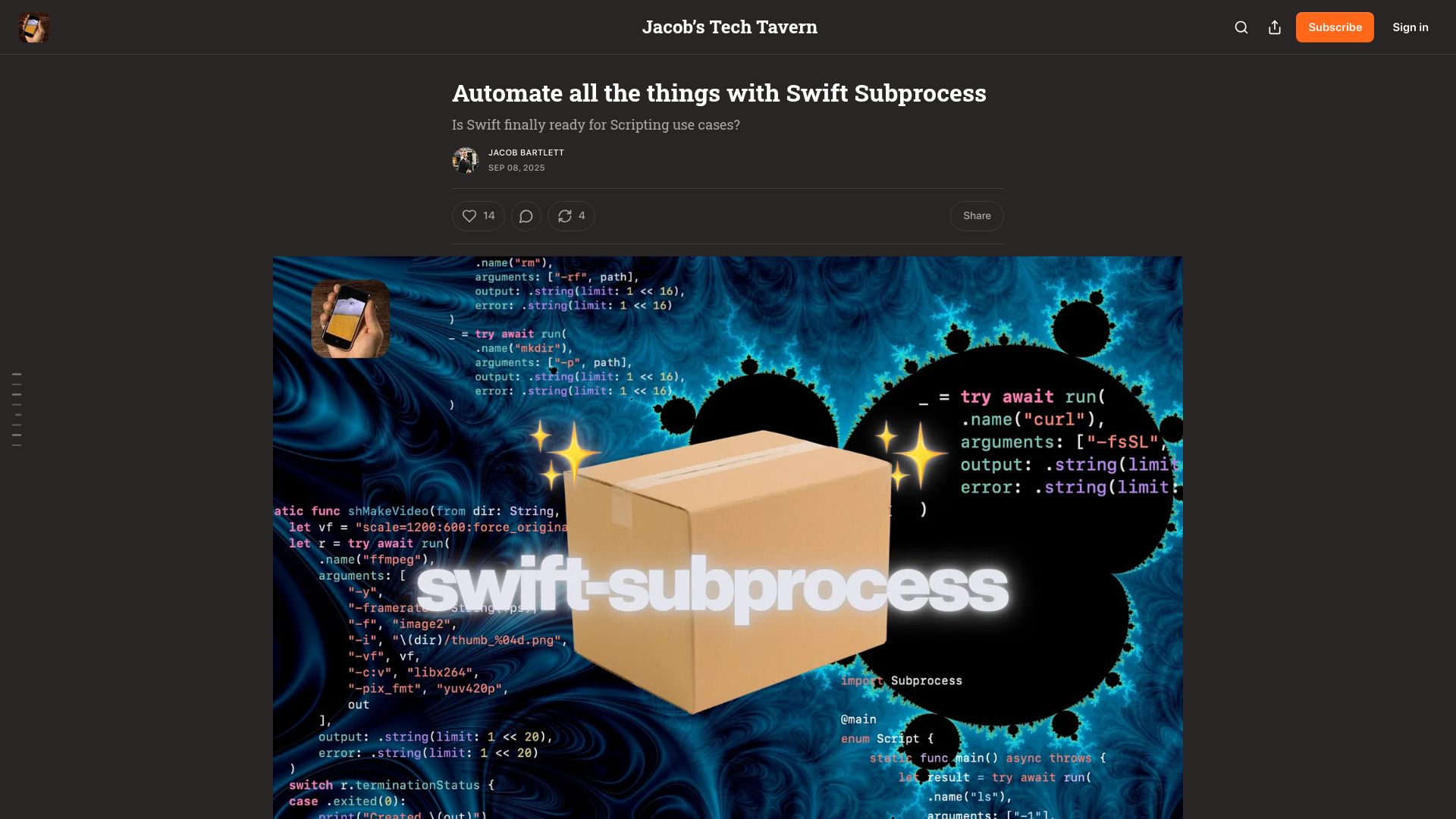 Screenshot of blog.jacobstechtavern.com: Automate all the things with Swift Subprocess