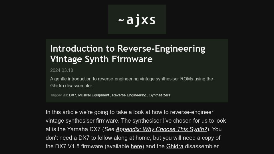 Screenshot of ajxs.me: Introduction to reverse-engineering vintage synth firmware
