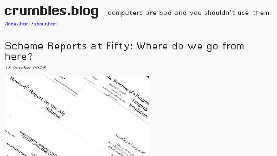 Screenshot of crumbles.blog: Scheme Reports at Fifty