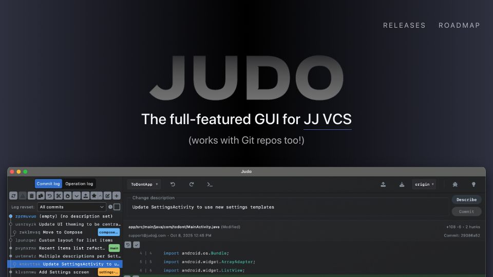 Screenshot of judojj.com: Show HN: I created a cross-platform GUI for the JJ VCS (Git compatible)