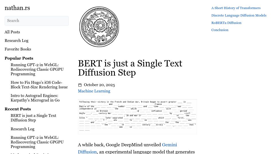 Screenshot of nathan.rs: BERT is just a single text diffusion step