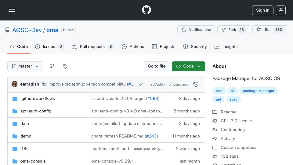Screenshot of github.com: Oma: An attempt at reworking APT's interface