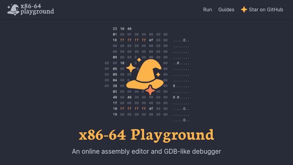 Screenshot of x64.halb.it: x86-64 Playground – An online assembly editor and GDB-like debugger