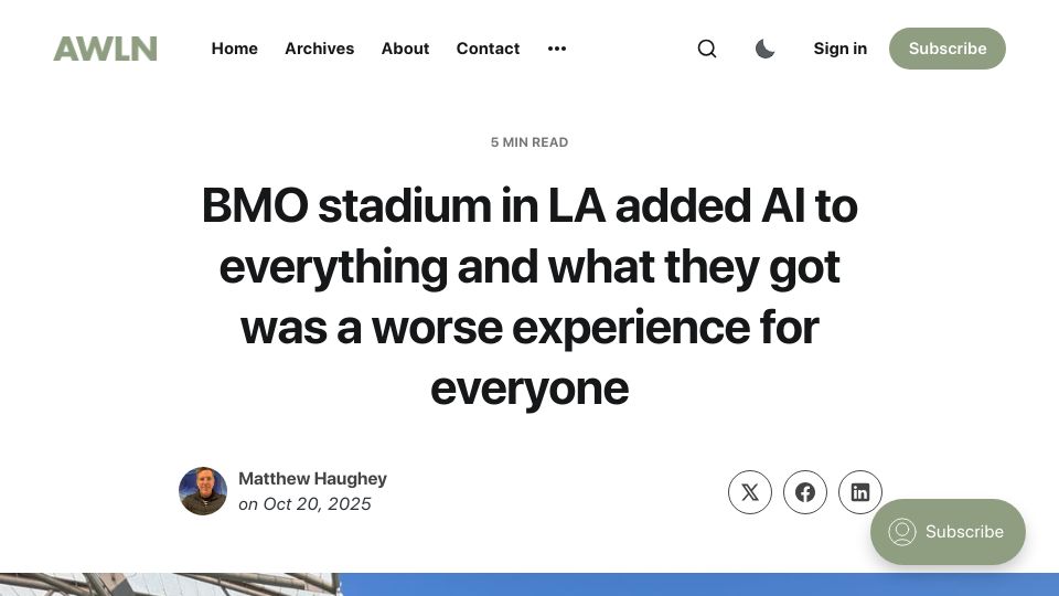 Screenshot of a.wholelottanothing.org: When a stadium adds AI to everything, it's worse experience for everyone