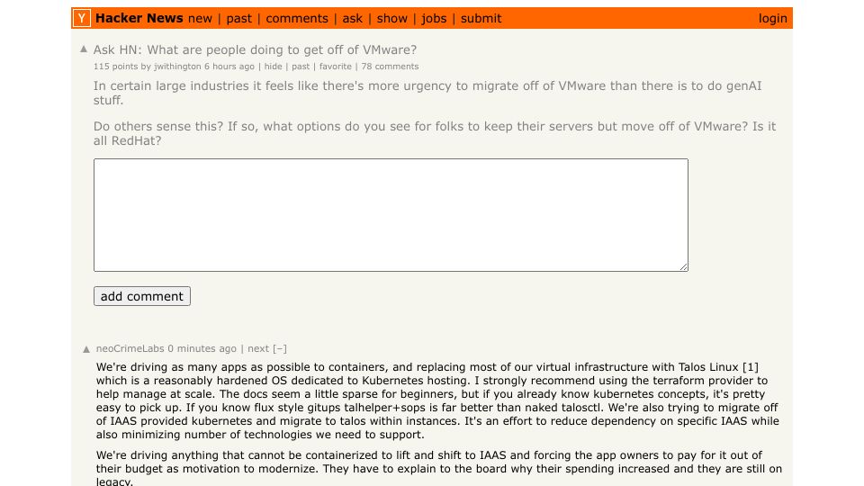 Screenshot of Hacker News post: Ask HN: What are people doing to get off of VMware?