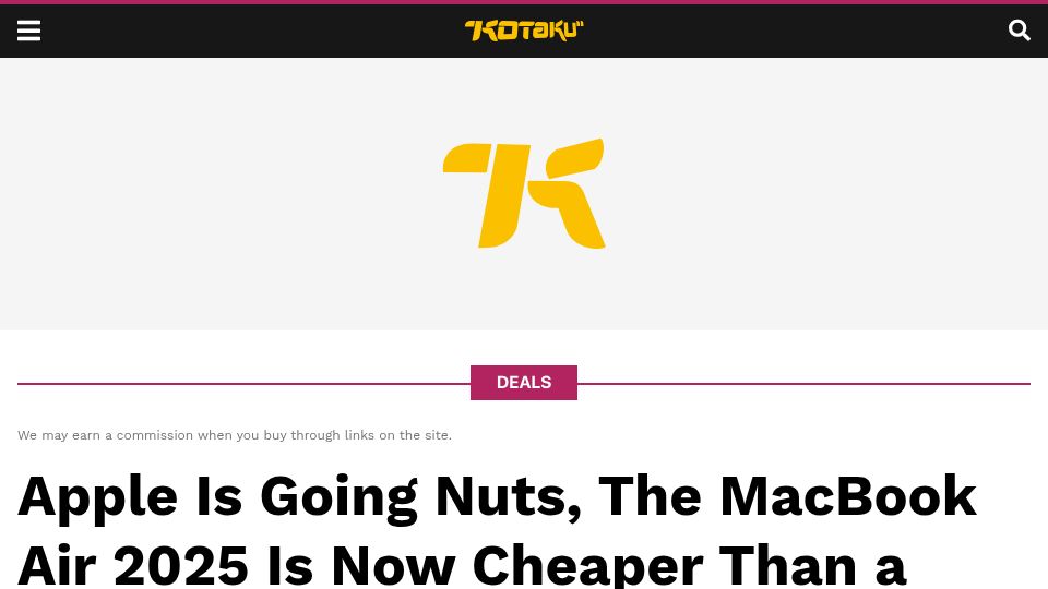 Screenshot of kotaku.com: The MacBook Air 2025 Is Now Cheaper Than a Random Mid-Range Windows Laptop