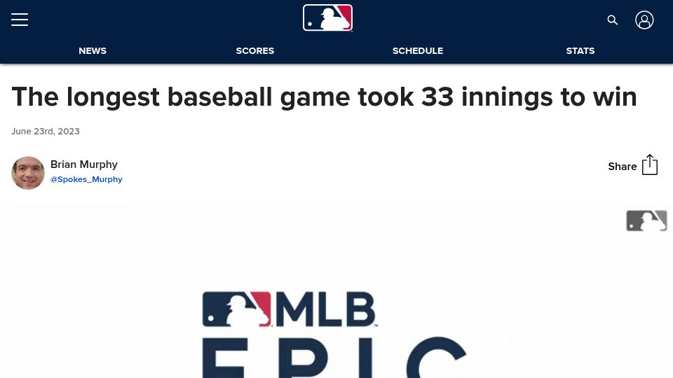 Screenshot of mlb.com: The longest baseball game took 33 innings to win