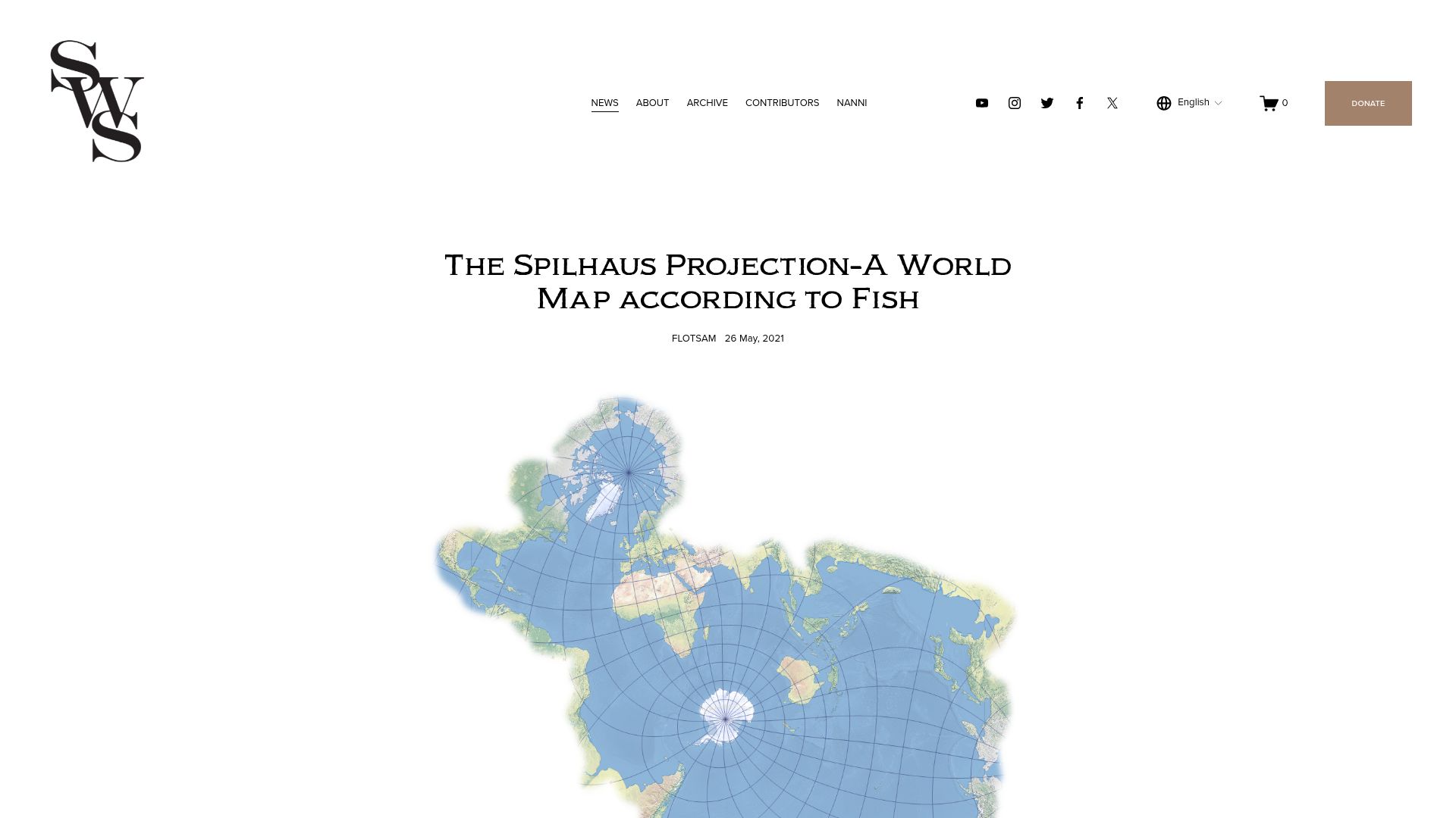 Screenshot of southernwoodenboatsailing.com: The Spilhaus Projection: A world map according to fish