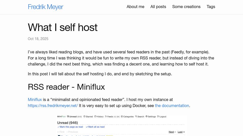 Screenshot of fredrikmeyer.net: What I Self Host