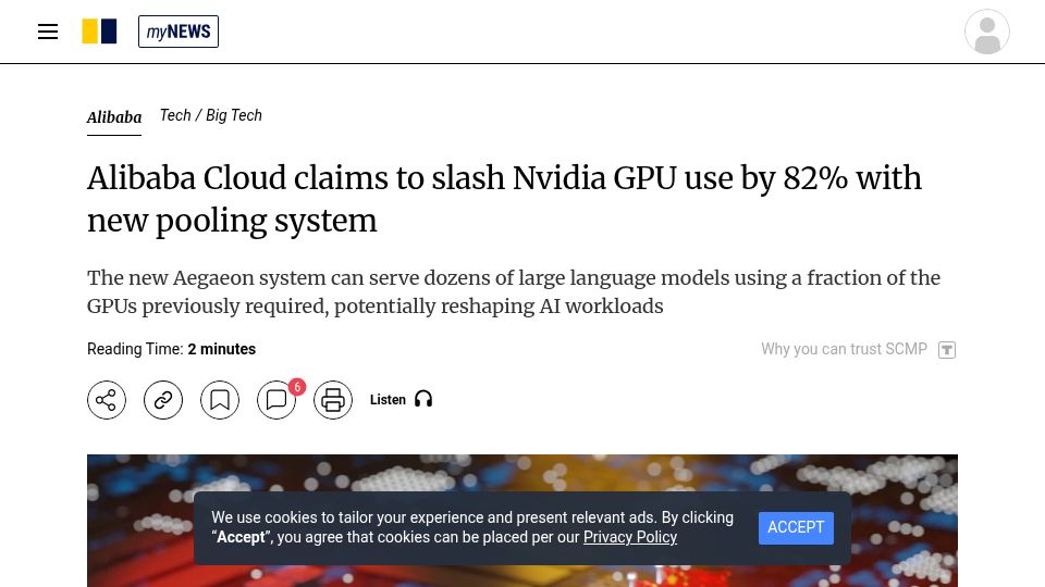 Screenshot of tomshardware.com: Alibaba Cloud says it cut Nvidia AI GPU use by 82% with new pooling system