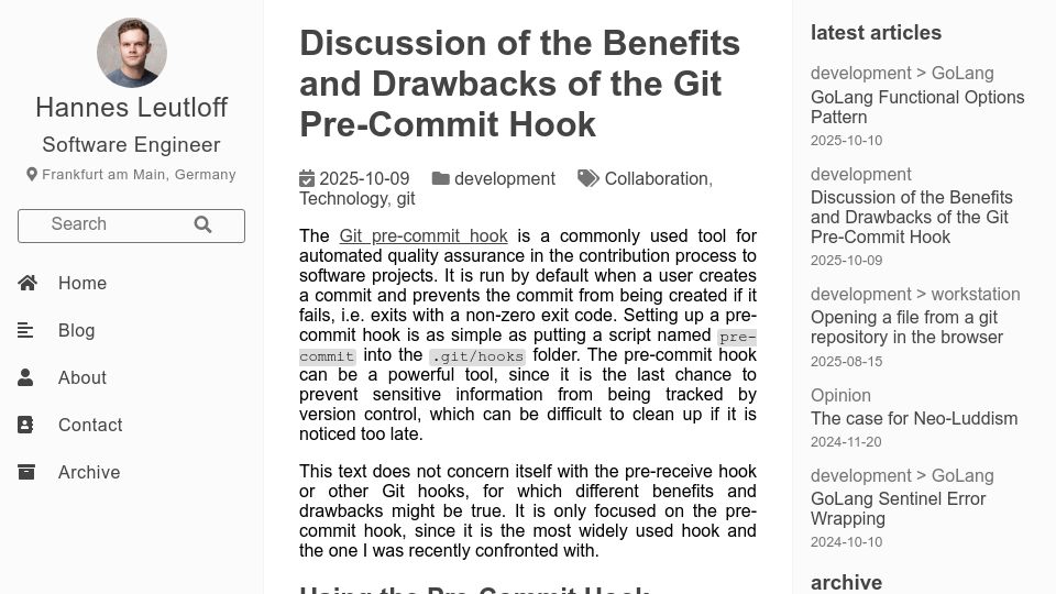 Screenshot of yeldirium.de: Discussion of the Benefits and Drawbacks of the Git Pre-Commit Hook