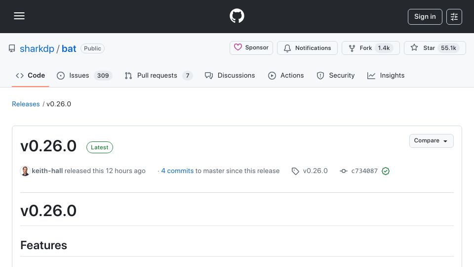 Screenshot of github.com: Bat v0.26.0