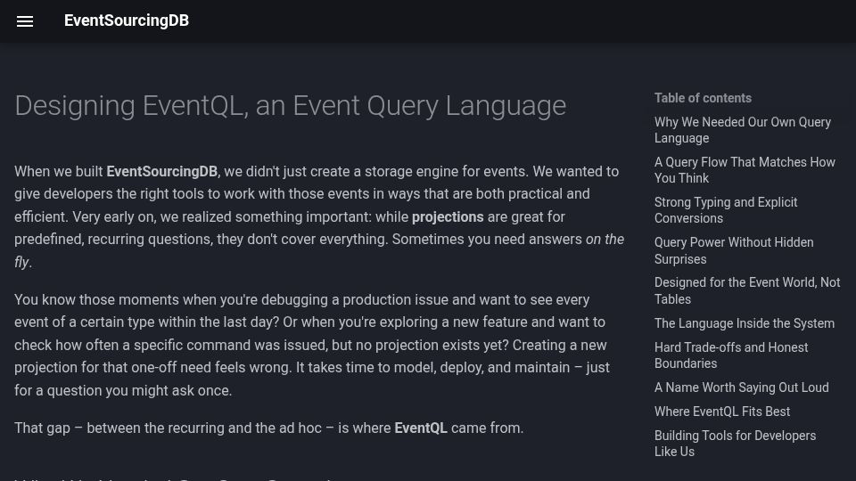 Screenshot of docs.eventsourcingdb.io: Designing EventQL, an Event Query Language
