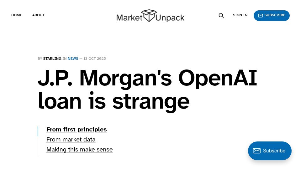 Screenshot of marketunpack.com: J.P. Morgan's OpenAI loan is strange