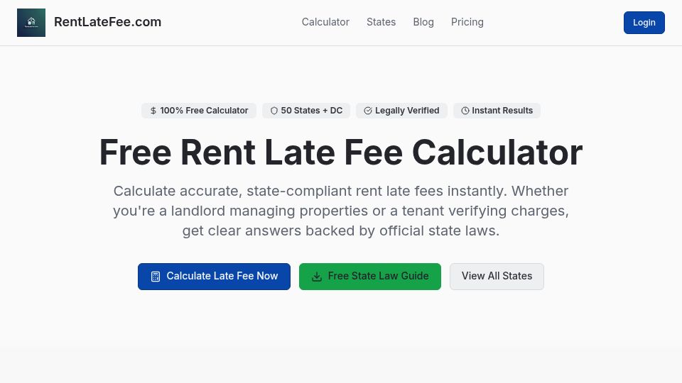 Screenshot of rentlatefee.com: Calculating legally compliant rent late fees across U.S. states