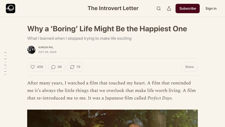 Screenshot of karunpal.substack.com: Why a 'Boring' Life Might Be the Happiest One