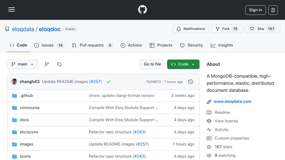 Screenshot of github.com: Show HN: EloqDoc: MongoDB-compatible doc DB with object storage as first citizen