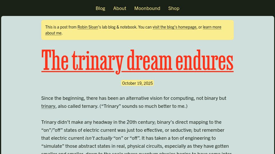 Screenshot of robinsloan.com: The Trinary Dream Endures