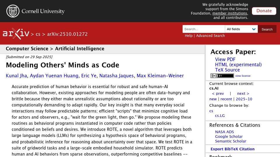Screenshot of arxiv.org: Modeling Others' Minds as Code