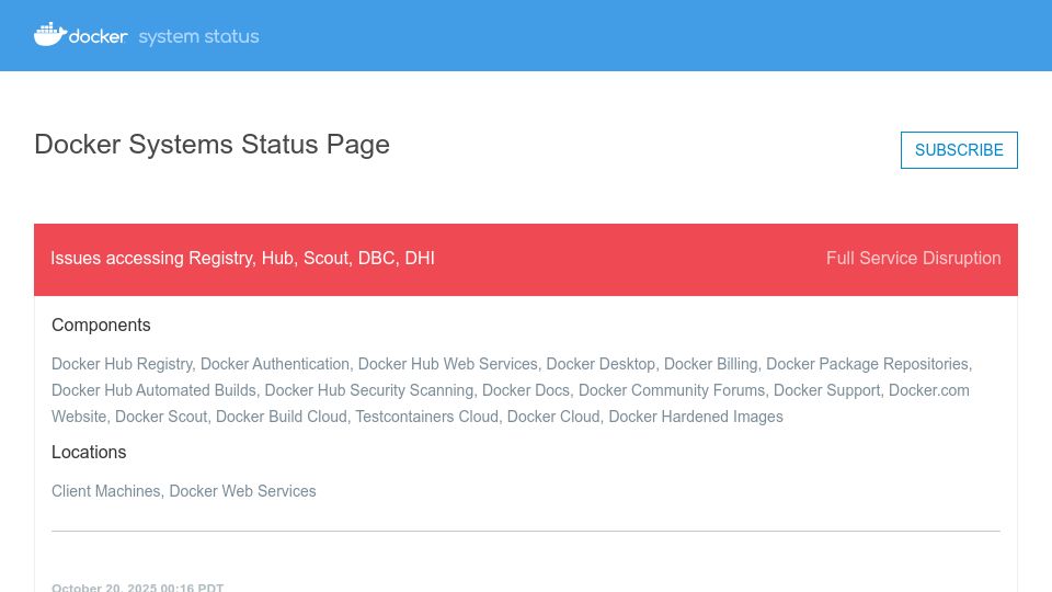 Screenshot of dockerstatus.com: Docker Systems Status: Full Service Disruption