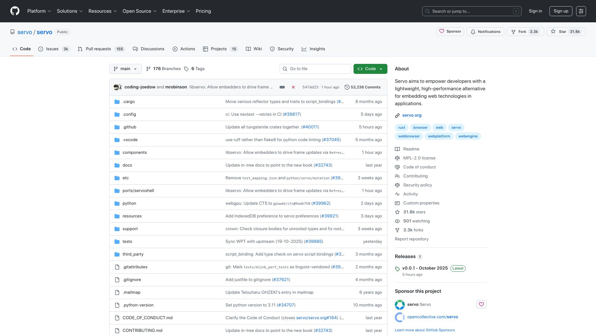 Screenshot of github.com: Servo v0.0.1