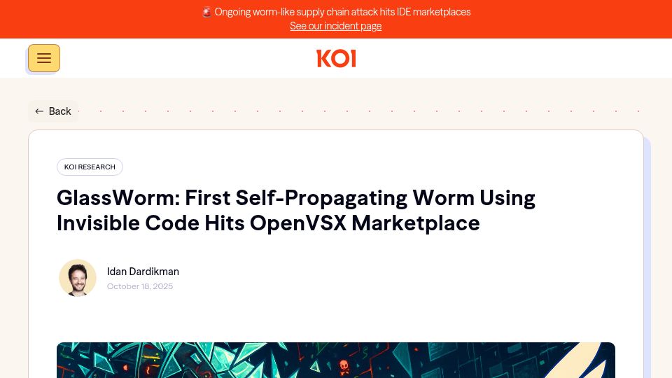 Screenshot of koi.ai: First Self-Propagating Worm Using Invisible Code Hits OpenVSX and VS Code