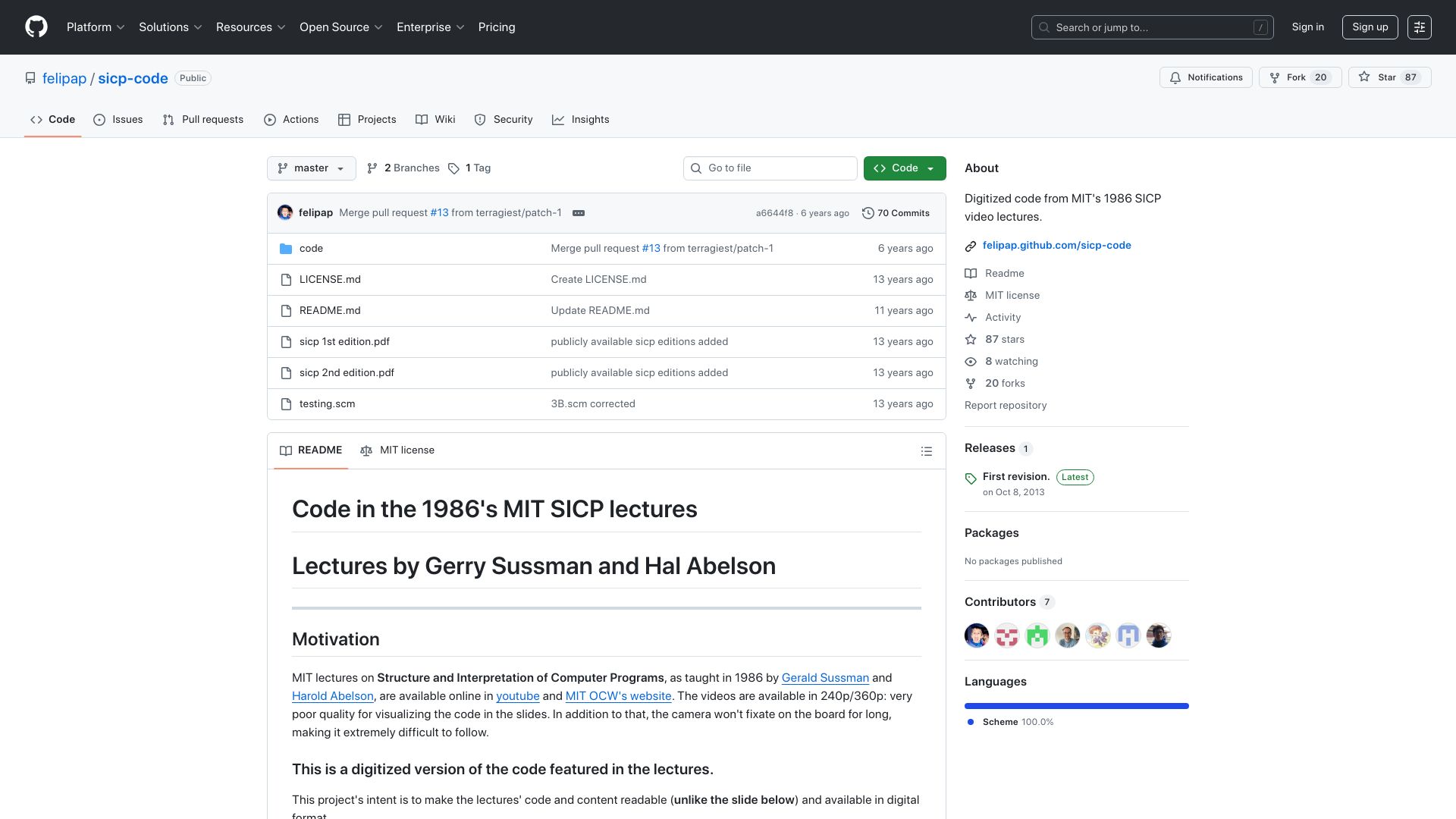 Screenshot of github.com: Code from MIT's 1986 SICP video lectures