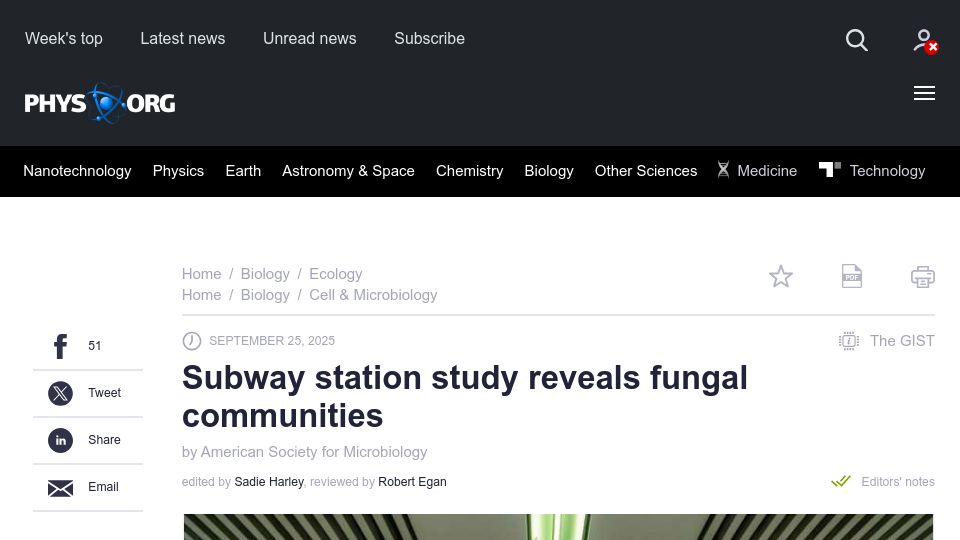 Screenshot of phys.org: Subway station study reveals fungal communities